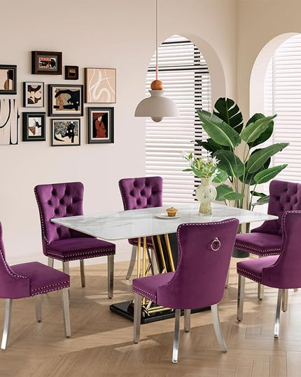 SoarFlash Velvet Dining Chairs Set of 8, Tall Back Side Chair, Modern Upholstered Side Chair with Button Back Ring, Silver Plated Stainless Steel Legs (Purple)