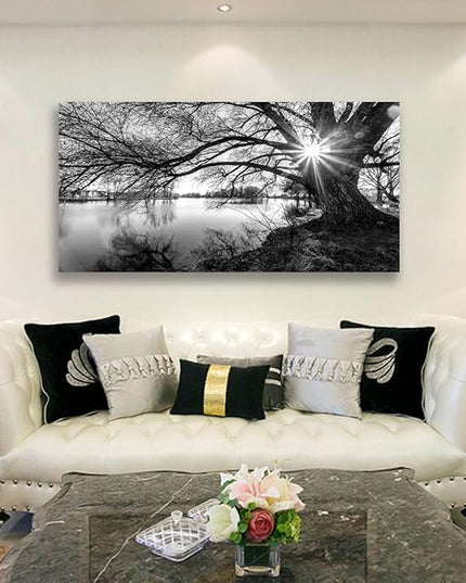 LKY ART Wall Art Decor Black and White Lake Landscape Canvas Wall Art Old Tree Silhouette with Sunburst Nature Photography Print Picture Artwork for Living Room Office Bedroom 20 x 40 inches