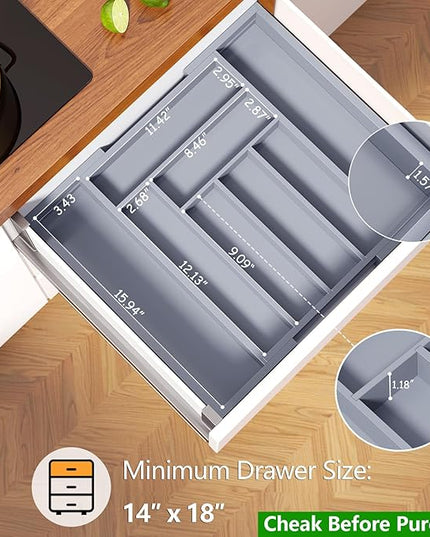 Pipishell Bamboo Expandable Drawer Organizer for Utensils Holder, Adjustable Cutlery Tray, Wood Drawer Dividers Organizer for Silverware, Flatware, Knives in Kitchen, Bedroom, Living Room(Grey)