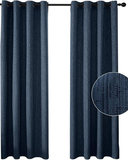 Jacquard Linen Curtains 96 inch Length 2 Panels Thick Faux Linen Blended Window Drapes Burlap Textured Curtains with Grommet for Living Room Bedroom Farmhouse (52x96 Navy) Natural