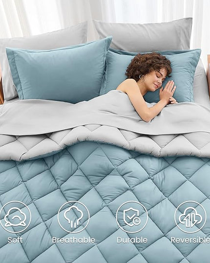 MUXHOMO 7 Pieces King Comforter Set, Reversible Bed in a Bag King Size, All Season Bedding Set with Comforter, Flat Sheet, Fitted Sheet, Pillowcases & Shams, Greyish Blue & Light Grey