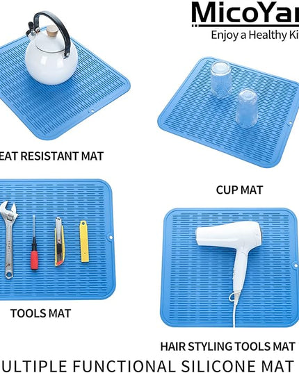 Silicone Dish Drying Mat for Multiple Usage,Easy clean,Eco-friendly,Heat-resistant Silicone Mat for Kitchen Counter or Sink,Refrigerator or Drawer Liner Lichen BlueL XL 18 inches x 16 inches