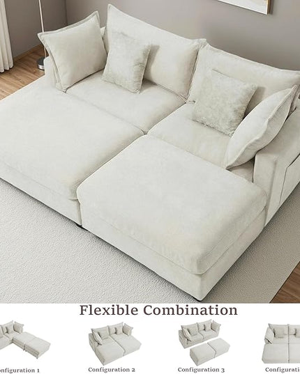 83" Down Filled Sectional Couch, Loveseat Modular Sectional Sofa with 2 Storage Ottoman, 2-Seat Chenille Deep Seat Sofa with Pillows for Living Room, Bedroom, Flexible Combination, Beige