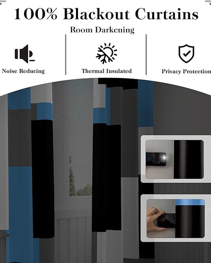 Light Blue 100% Blackout Curtains for Bedroom 84 inch Length 2 Panels Set White Grey Modern Abstract Geometric Black Out Curtains Insulated Room Darkening Window Drapes for Living Room, 52Wx84L