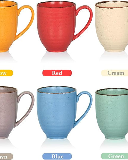 Coffee Mugs Set Of 6, 14 Oz Large Handle Heavy Duty Cups - Microwave Dishwasher Safe - Latte, Cappuccino, Tea, Cocoa, Mocha - Men, Women, Home Office Daily Use, Matt Assorted Colors