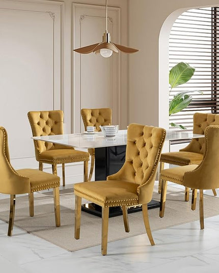 SoarFlash Velvet Dining Chairs Set of 6, Tall Back Side Chair, Modern Upholstered Side Chair with Button Back Ring, Gold Plated Stainless Steel Legs (Gold)