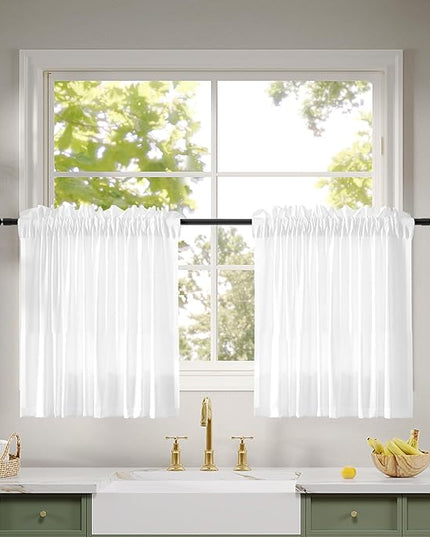 Anmao Non-See-Through Valance Kitchen Curtains 24 Inch Length 2 Panels Set, Bright White Privacy Light Filtering Semi Sheer Over Sink Short Cafe Curtain Tiers for Small Windows, 25W x 24L, Pure White