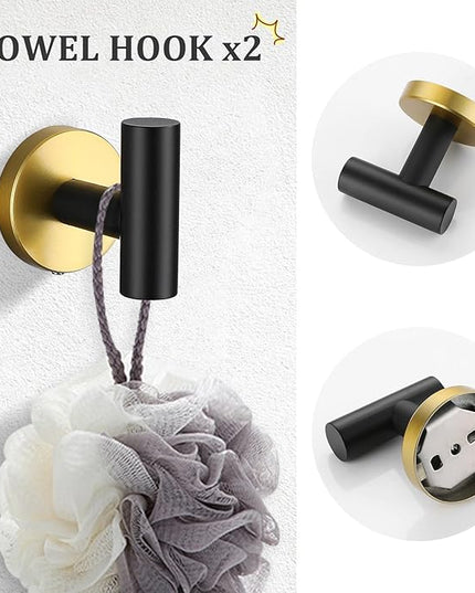 TURS Black and Gold Bathroom Hardware Set 5 Piece, SUS304 Stainless Steel Gold Black Towel Bar Set, 24 Inch Bathroom Accessories Kit Wall Mounted