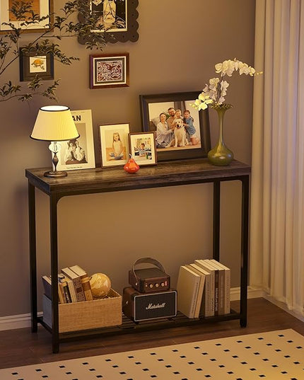 32" Small Console Table, 2-Tier Narrow Entryway Table, Sofa Table with Mesh Shelves, Console Tables for Living Room, Hallway, Entryway, Farmhouse Console Table with Storage, Oak Grey