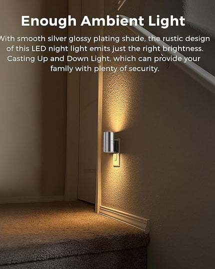 L LOHAS LED Night Light, Night Lights Plug into Wall, 1-Pack, Smooth Silver Glossy Plating Metal-Shade Nightlight, Light Sensor, Soft White 3000K, Dimmable Night Light Plug in for Hallway Bedroom