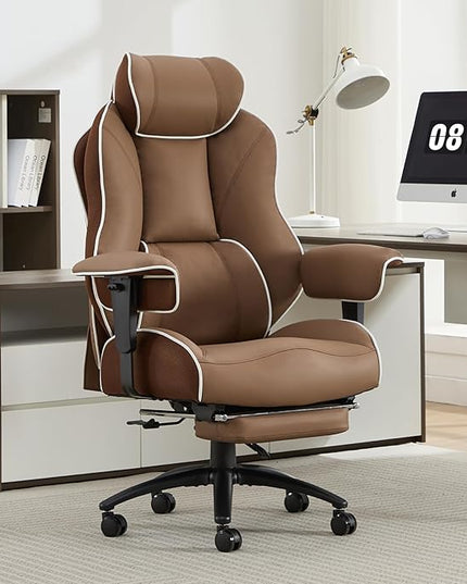 DJ·Wang Big and Tall Office Chair with Foot Rest, High Back Executive Office Chair PU Leather, Ergonomic Chairs with Lumbar Support, 135° Reclining Chairs with Thickened Spring Cushion Brown