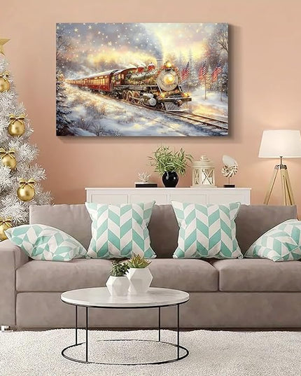 YONICA Christmas Wall Decor Christmas Canvas Wall Art Home Decorations 40x28 Inches - Christmas Pictures Christmas Train with Flags Prints Winter Painting Xmas Artworks for Living Room Bedroom