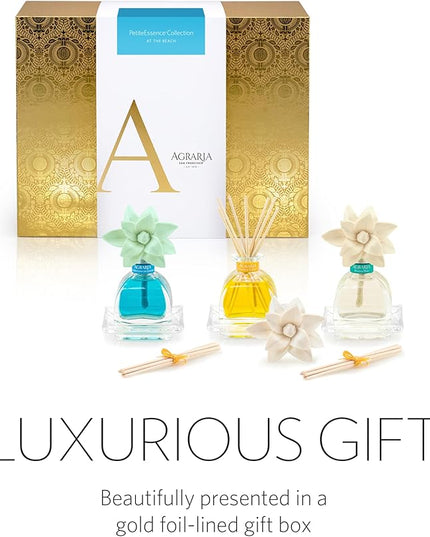 AGRARIA at The Beach PetiteEssence Collection, Handmade Sola Flower Reed Diffuser Set of 3, Luxury Home Fragrance Scented Oil Diffuser Gift Set