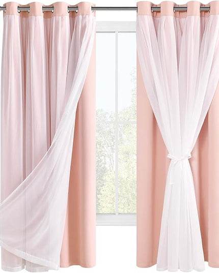 Hiasan Pink Blackout Curtains with Sheer Overlay Thermal Insulated Mix & Match Double Layer Room Darkening Window Curtains for Bedroom Living Room Nursery 2 Panels with Tiebacks (52W X 63L,Blush Pink)