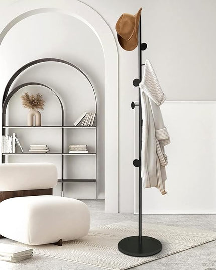 Coat Tree Freestanding, Metal Coat Rack Tree with 8 Hooks, Free Standing Hanger for Hats Scarves Purses Umbrellas, Coat Stands with Stable Base for Entryway Bedroom, Black