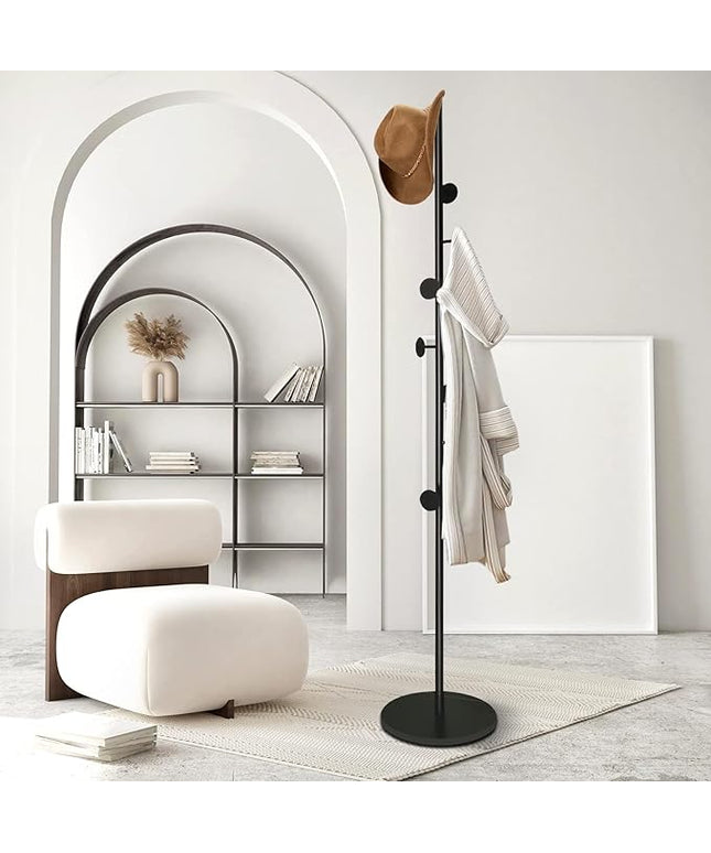 Coat Tree Freestanding, Metal Coat Rack Tree with 8 Hooks, Free Standing Hanger for Hats Scarves Purses Umbrellas, Coat Stands with Stable Base for Entryway Bedroom, Black