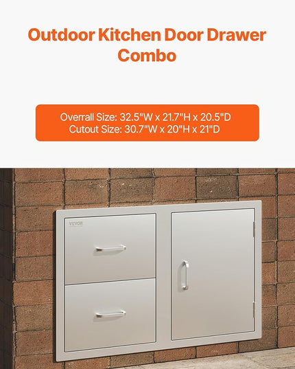 VEVOR Outdoor Kitchen Door Drawer Combo, 32.5" Wx21.7 Hx20.5 D, Access Door Double Drawers with Paper Towel Rack, BBQ Island Drawers with Stainless Steel Handles, 30.7" Wx20 Hx21 D Cutout Size