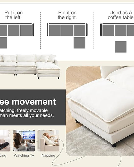 Modular Sectional Sofa,108.27'' Modern Corduroy Sofa Set for Living Room with 3 Seat & 1 Ottoman & 3 Pillows, Comfy Cloud Couches with Movable Ottoman, DIY Combination, Chenille (Beige, L Shaped)