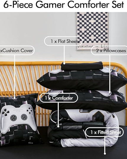 PERFEMET 6 Pcs Kids Bedding Sets for Boys Twin Size Black White Gamer Comforter with Sheet Set Soft Fluffy Gaming Bed Set Lightweight Comfy Game Bed in A Bag for All Season(White, Twin)