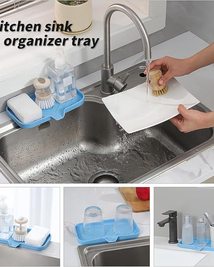 Silicone Bathroom Soap Dishes with Drain Spout-Bathroom and Kitchen Sink Organizer,Sponge Holder,Dish Soap Tray,Perfect for Dispenser,Scrubber,Bottle on Sink or Counter-Light Blue 9.6"×5.3"