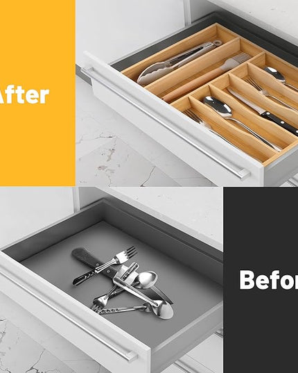 Kitchen Bamboo Silverware Organizer, Kitchen Drawer Organizer - Utensil Holder and Cutlery Tray with Grooved Drawer Dividers for Flatware 7 Slot, Natural