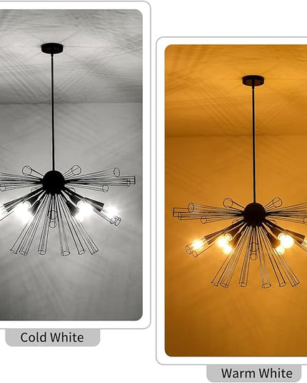 Modern 6-Light Sputnik Black Chandelier, 32.3" Starburst Light Fixture, Modern Chandelier Light Fixtures for Dining Room, Living Room, Kitchen, Foyer, Height Adjustable