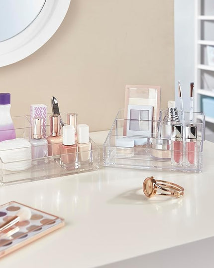 STORi Clear Plastic Small Countertop Vanity Makeup Organizer, Compact Rectangular 4-Compartment Holder for Brushes, Eyeshadow Palettes, & Beauty Supplies, Made in USA