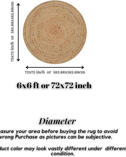 Hand Woven Jute Area Rug - 6' Round - Rustic Beige Reversible Farmhouse Rugs for Living Room, Bedroom, Kitchen - Vintage Natural Braided Entry Floor Décor Circle Boho Round Rugs 6ft