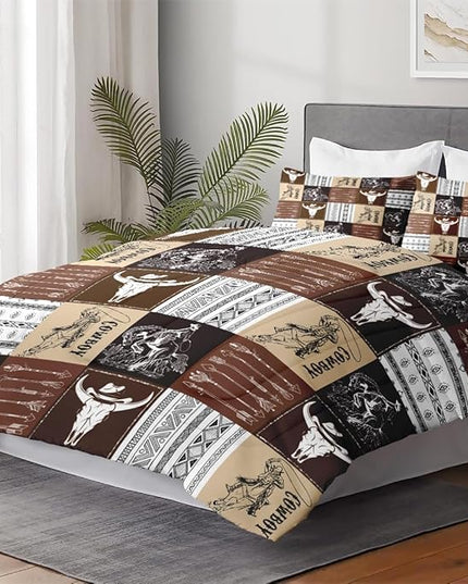 Twin Size Comforter Set with Pillowcase, Western Animal Cow Cowboy 2 Pcs Bedding for Kids and Adults, Vintage Brown Soft Comforter Set for Bedroom Bed Decor