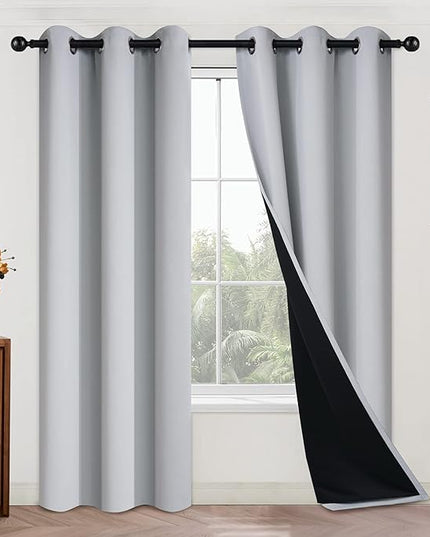 Yakamok 100% Blackout Curtains for Bedroom 84 Inch Length, 2 Thick Layers Thermal Insulated Grommet Total Blackout Drapes with Black Liner for Living Room (42Wx84L,Light Grey, 2 Panels)