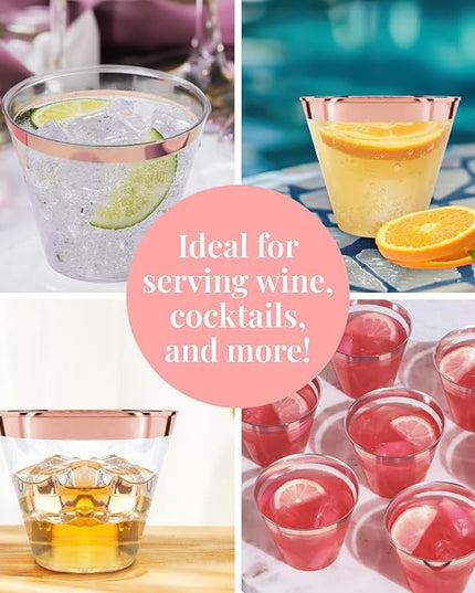 Prestee 100 Rose Gold Plastic Cups - Rose Gold Plastic Cups 9 oz - Party Decorations - Disposable Wine Cup - Clear Cup - Bulk Party Wine Glasses