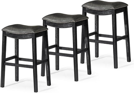 Maven Lane Adrien Backless Bar Stool – Set of 3 – 31 Inch Saddle Seat with Footrest – Black Solid Wood Frame & Grey Faux Leather Upholstery – Ideal for Bars, Pub Tables & Tall Kitchen Counters