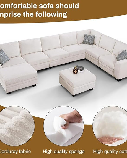 Legend Vansen Sectional Couches for Living Room,L-Shaped Corduroy Sofa with Ottoman for Living Room,Bedroom and Apartment (Cream, U-9)