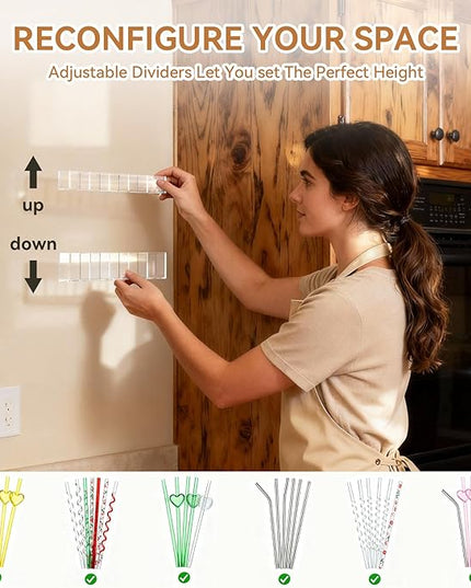 9.5 Inch Cabinet Door Acrylic Straw Holder with Double-Sided Tape, Kitchen Countertop Cabinet Storage Box for Organizing Straws (Transparent)