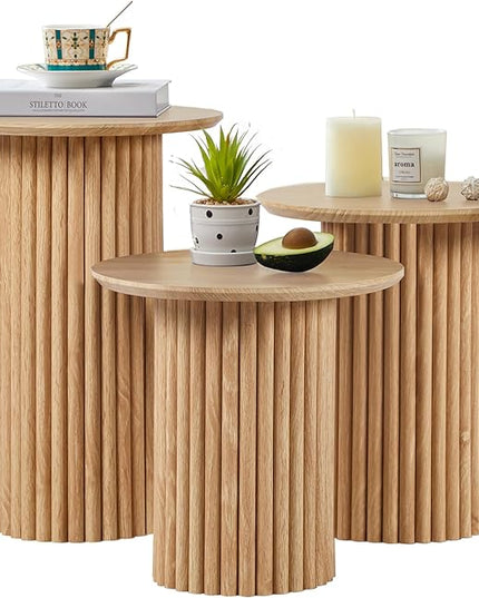 Round Nesting Coffee Table Set of 3,Mid Century Modern Fluted Coffee and End Table Set,Small Circle Wooden Side Table Drink Table for Living Room (Natural)