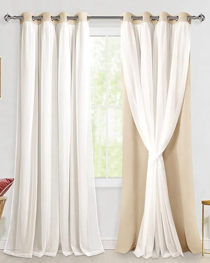 Hiasan Mix & Match Blackout Curtains with Sheer Overlay, Double Layer Thermal Insulated Privacy Grommet Window Curtains for Bedroom, Living Room, 2 Drape Panels with Tiebacks, Beige, 52W X 108L
