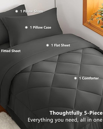 CozyLux Twin Comforter Set with Sheets Dark Grey - 5 Pieces Bed in a Bag Twin, All Season Bed Set for Girls and Boys, Bedding Set with Down Alternative Comforter, Sheets, Pillowcase & Sham