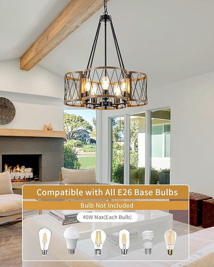 20.8'' Farmhouse Chandeliers for Dining Room, 5-Light Rustic Chandelier Wood Grain Metal Round Hanging Light Fixture, Vintage Drum Pendant Lights for Living Room, Bedroom, Kitchen, Entryway