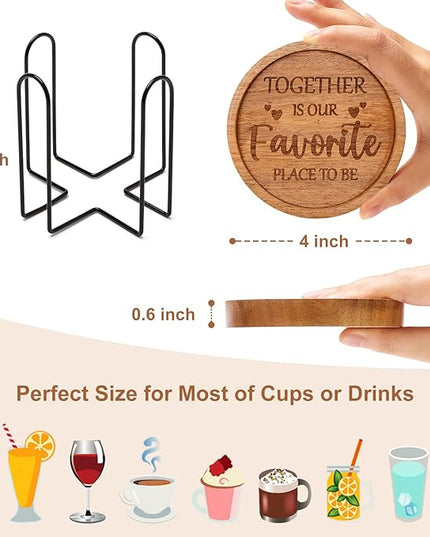 Best House Warming Gifts Acacia Wooden Coasters for Drinks Coffee Table Coaster Set of 6 Pack Farmhouse Decorations Family New Home Housewarming Decor Cute Cup Wood Coasters with Holder