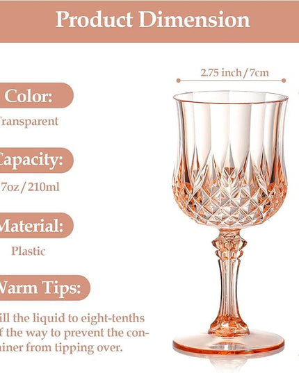XUWAIDSGN 7oz Plastic Vintage Wine Glasses Drinking Glasses Unbreakable Wedding Glassware Crystal Water Goblets Reusable Drinkware Vintage Champagne Flutes (48, Pink)