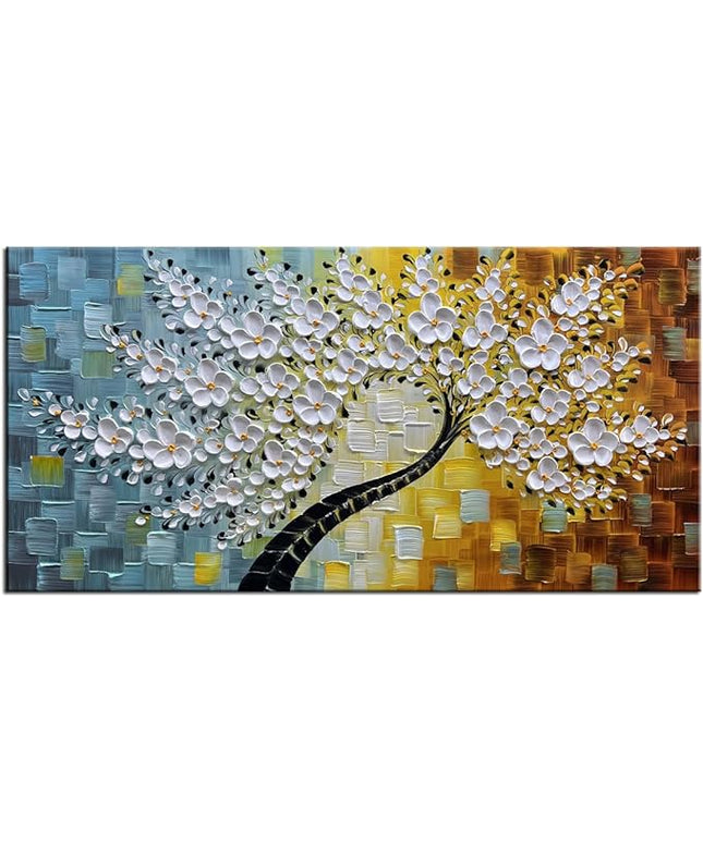 YaSheng Art -100% HandPainted Oil Painting On Canvas Texture White 3D Flower Tree Paintings Abstract Canvas Wall Art Home Bedroom Dining Room Living Room Modern Wall Decor Art Ready to hang 24x48inch