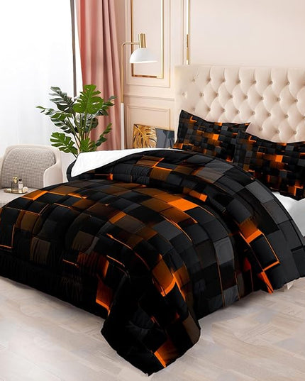 Geometric Yellow Black Comforter Set,Light Honeycomb 3 Piece Bedding Set Queen Size for Teen Boys,Modern Quilt Set Geometry Decor,Microfiber Lightweight 1 Comforter 2 Pillowcases All Season