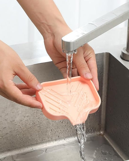 Silicone Bathroom Soap Dishes with Drain Spout-Bathroom and Kitchen Sink Organizer,Sponge Holder,Dish Soap Tray,Perfect for Dispenser,Scrubber,Bottle,Cup on Sink or Counter-Pink 4.9"×3.2"