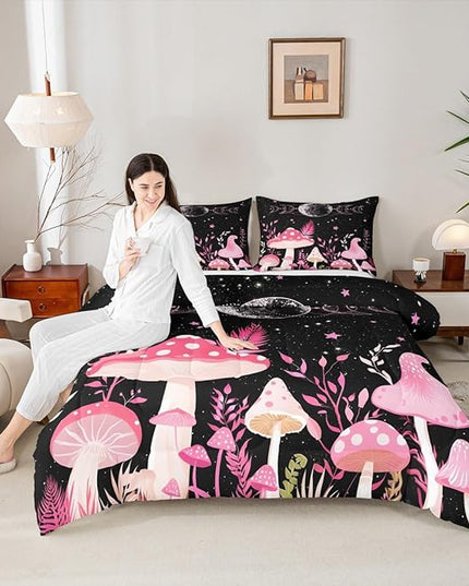 Mushroom Kids Comforter Set King Size,Sun Moon Starry Sky Planet Romantic Bedding Set,Boys Girls Adults Room Decor,Plants Leaves Boho Trippy Down Comforter,Pink Dreamy Duvet Insert,2 Pillowcases