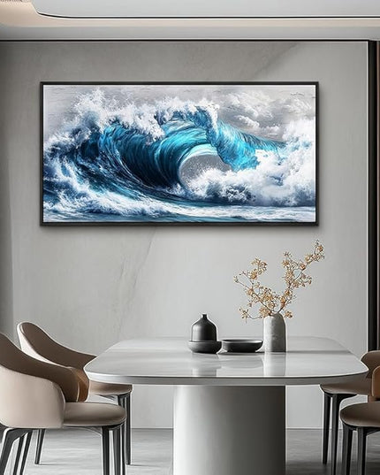 PHAOHUAXM Blue Wave lPaintings Wall Art For Living Room Wall Decor For Bedroom Ocean Inspiration Wall Pictures Office Decor Posters Modern Printing Canvas Artwork Home Decor Black Framed 20x40 In