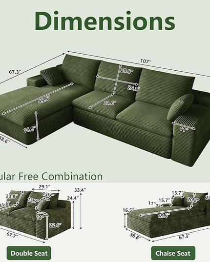 107" Cloud Couch Modular Sectional Sofa for Living Room, L-Shape Boneless Couch with Deep Seat, Modern Corduroy 3-Seater, No Assembly Required (Green,Left-Facing Chaise)
