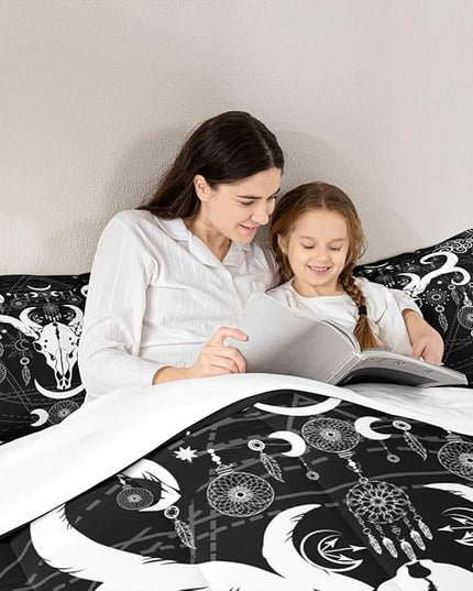 Manfei Bull Cow Skull Kids Comforter Set Twin Size,Sun Moon Starry Sky Galaxy Trippy Bedding Set,Boys Girls Adults Room Decor,Dreamcatcher Bohemia Down Comforter,Black White Duvet Insert,1 Pillowcase