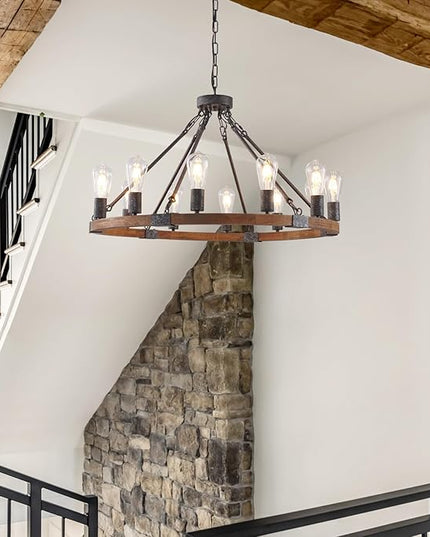 Farmhouse Wagon Wheel Chandelier 31" Black Wooden Chandelier 12-Light Rustic Pendant Light Fixture for Dining Room Living Room Entryway Foyer