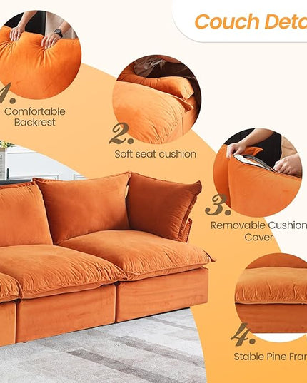 JACH 122.82" Cloud Sectional Couch for Living Room, Modular 3 Seater Sofas, Convertible Sectional Couches, Cushion Covers Removable, Two Corners and One Middle Sofa for Living Room (Orange)
