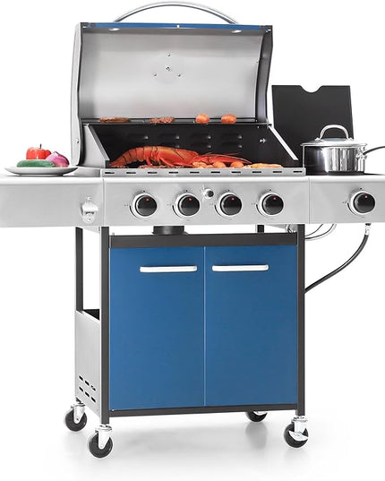 Captiva Designs 4-Burner Propane Gas BBQ Grill with Side Burner & Porcelain-Enameled Cast Iron Grates, 42,000 BTU Output Barbeque Grill for Outdoor Cooking Kitchen and Patio Backyard Barbecue, Blue
